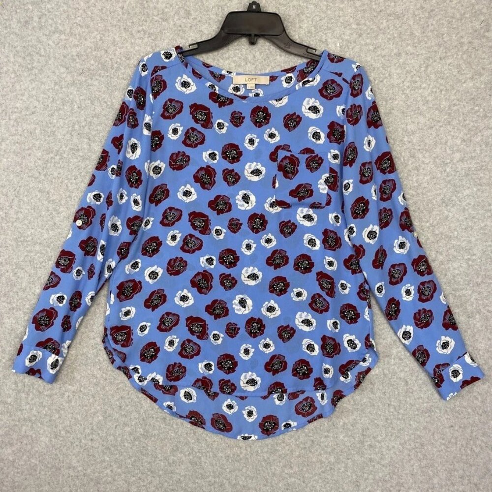 Loft Top Womens Small Blue Floral Long Sleeve Roll Tab Silky Pullover Blouse